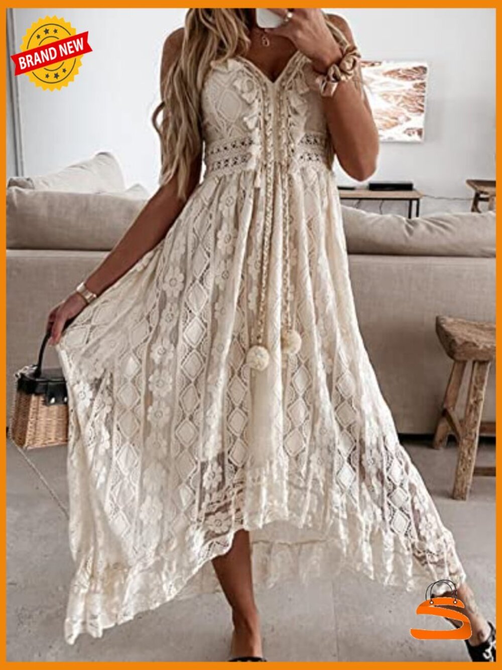 Maxi Summer Dress Lace V Neck Sleeveless Boho Crochet Tassel Beach Vacation - Picture 2 of 7